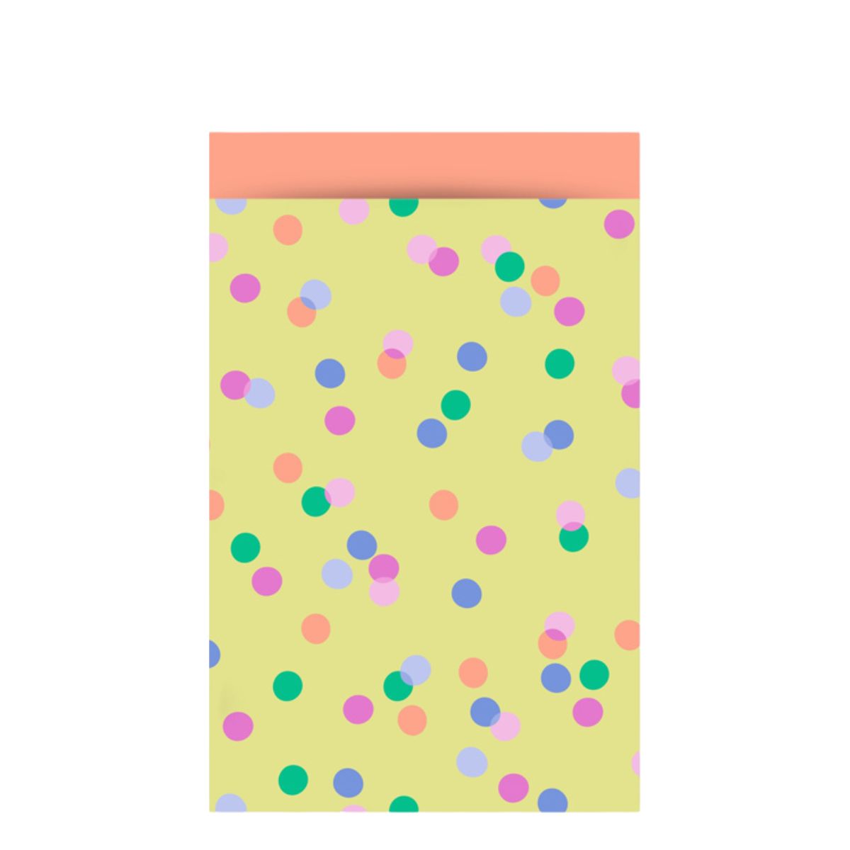 cadeauzakje geelgekleurd met allerlei confetti stipjes