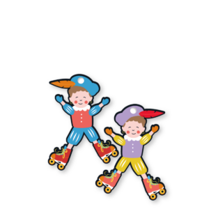 sinterklaas cadeaulabel piet op rolschaatsen. In vrolijke kleurtjes