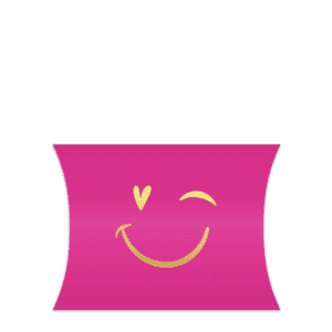 fel roze gondeldoosje met knipogende smiley als opdruk in goudfolie