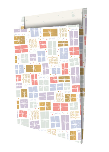 tijdschriftenzak bedrukt met gekleurde cadeautjes